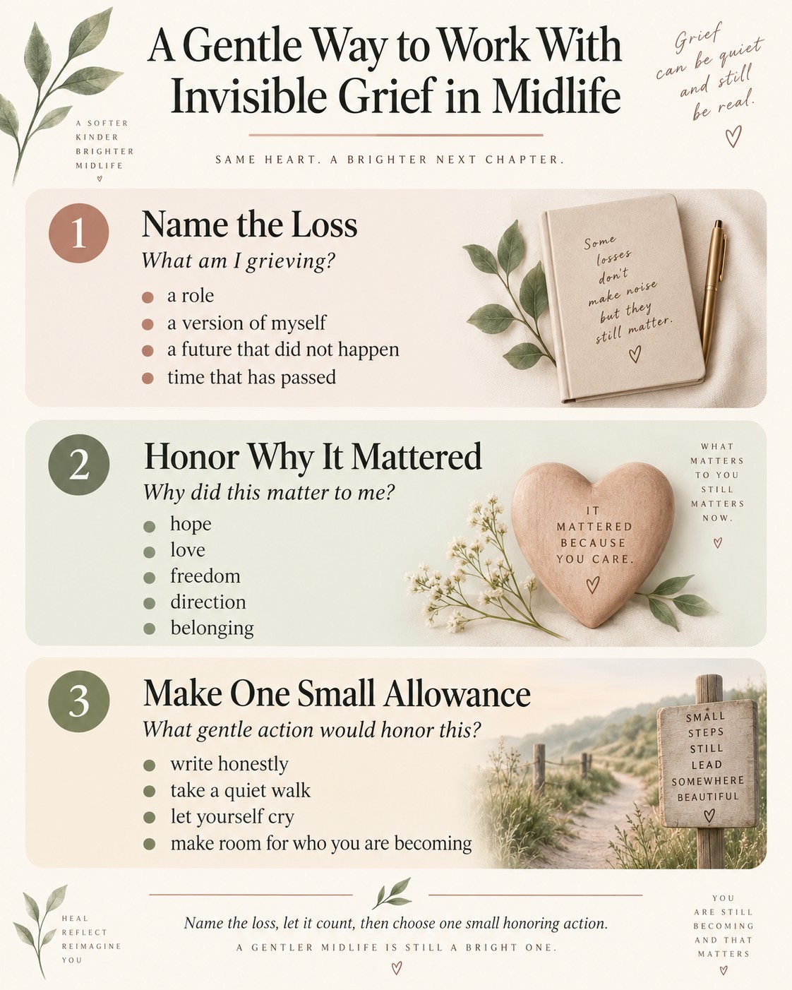 Three-step visual for acknowledging invisible grief in midlife by naming the loss, honouring why it mattered, and making one small allowance
