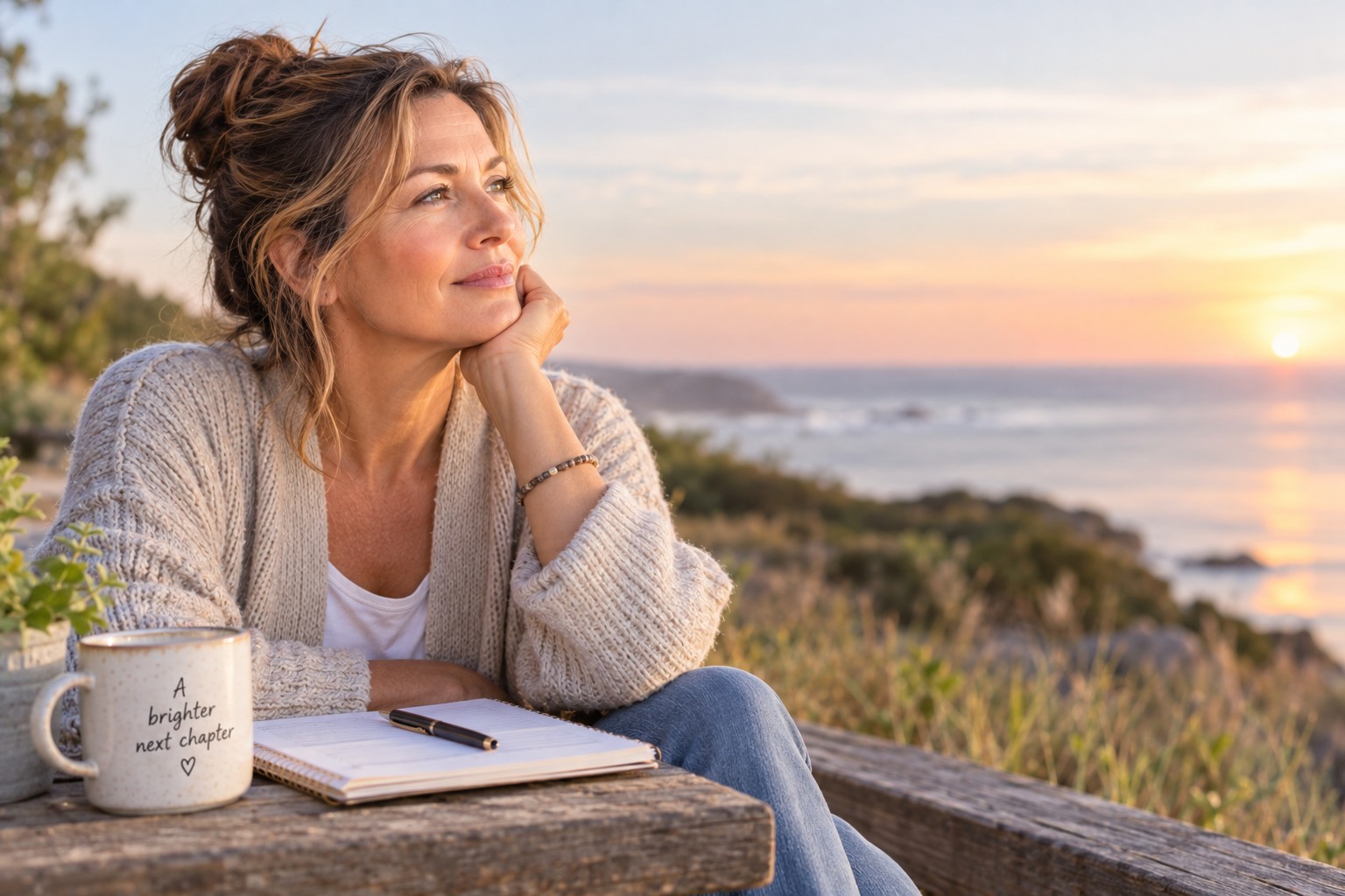 Midlife woman reflecting by the coast with a journal as she considers a brighter next chapter