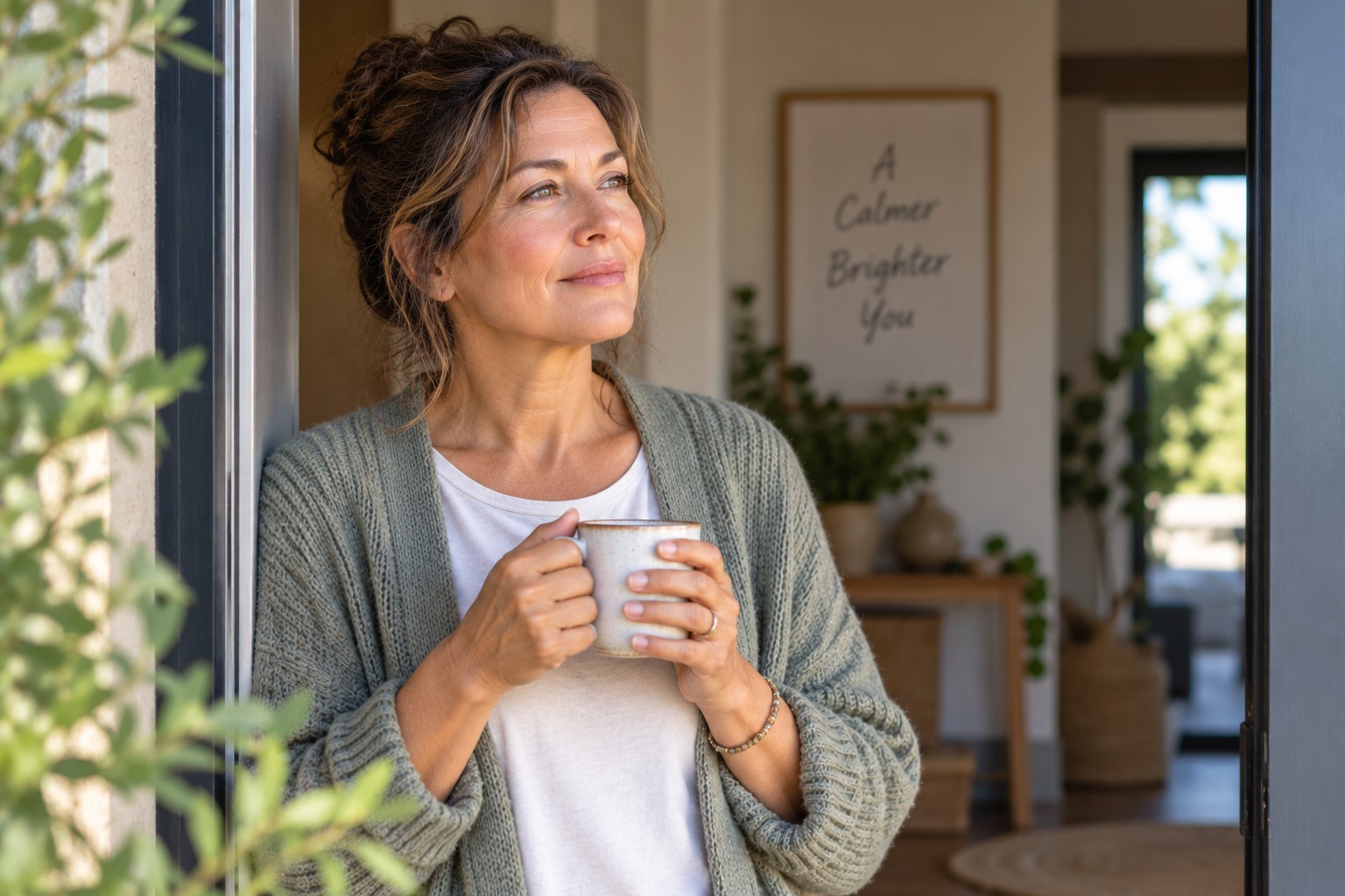 Midlife woman pausing in a doorway with a mug as she returns to awareness Midlife woman pausing in a doorway with a mug as she returns to awareness