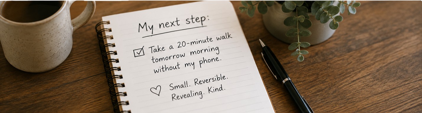 Notebook showing one small reversible move to take when feeling stuck