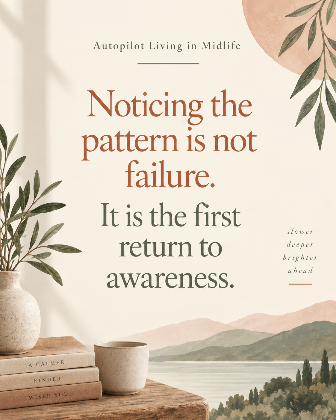 Quote graphic about noticing autopilot living in midlife without shame