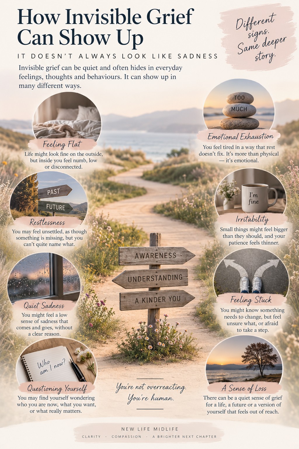 Infographic showing how invisible grief in midlife can show up as flatness, exhaustion, restlessness, irritability, quiet sadness, feeling stuck, self-questioning and a sense of loss