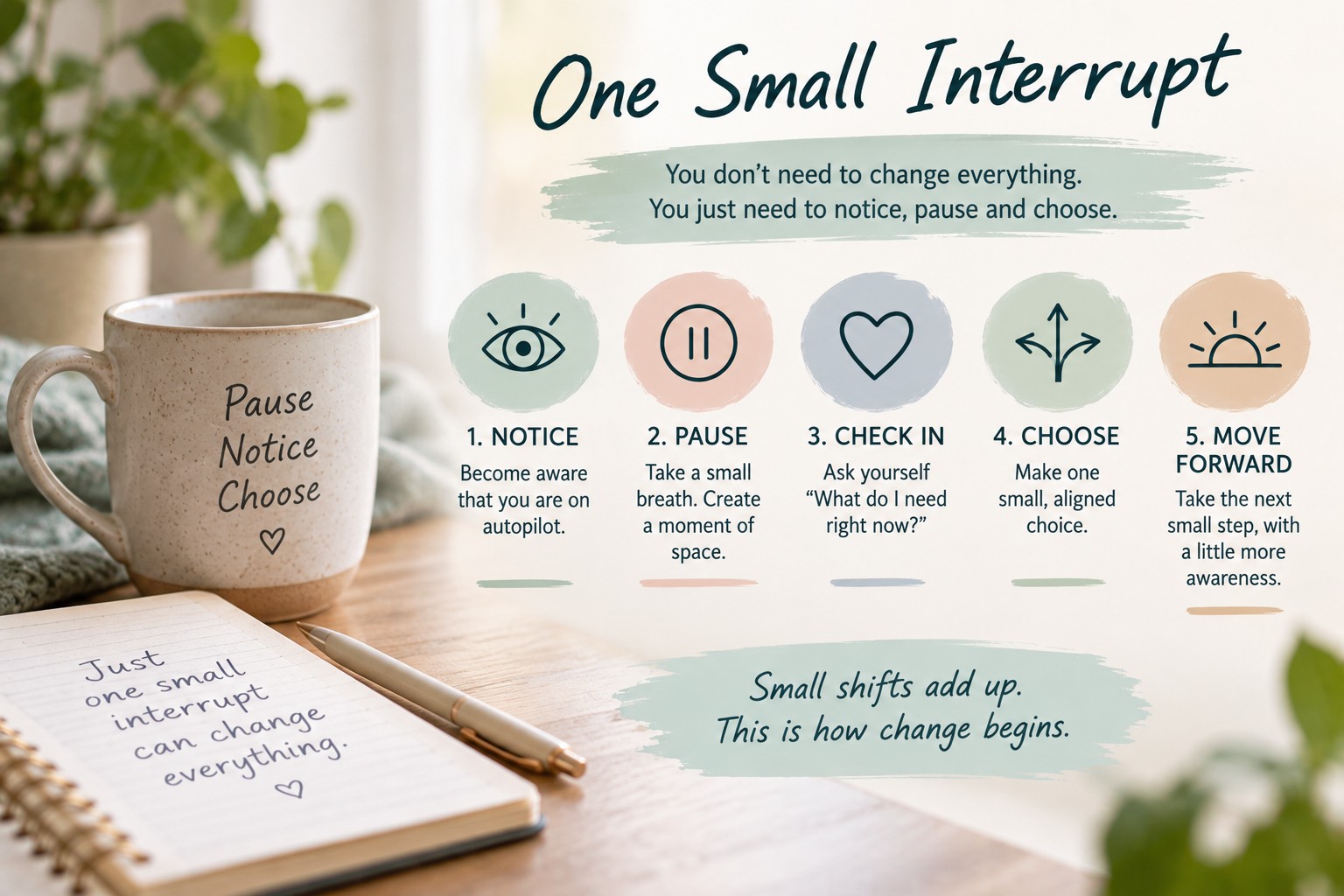 Infographic showing one small interrupt for autopilot living in midlife using notice, pause, check in, choose and move forward