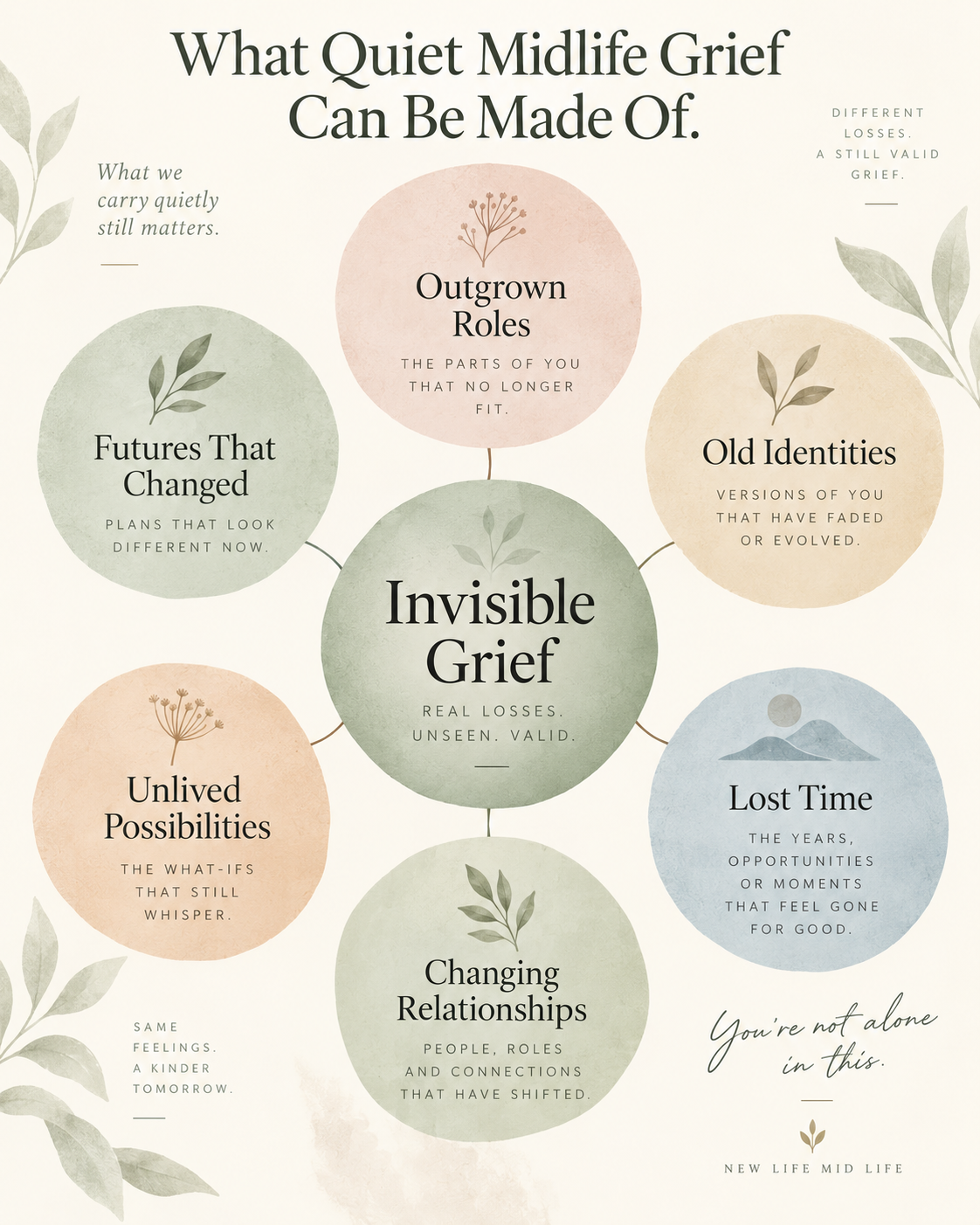 Visual map showing sources of invisible grief in midlife including roles, identity, relationships, time and changed futures