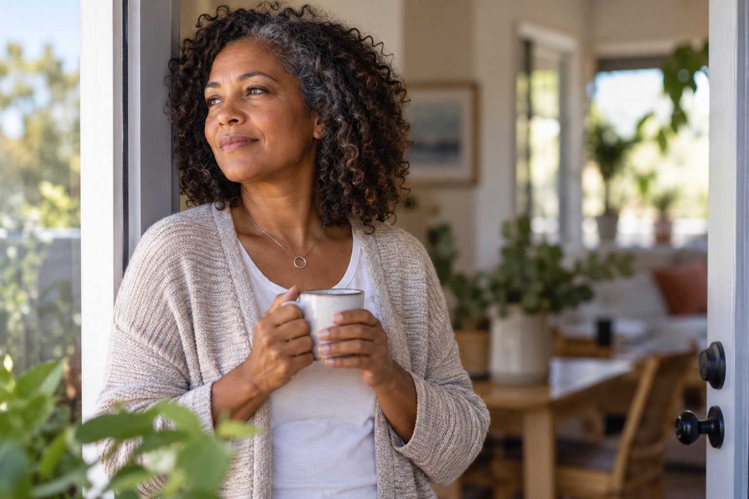 Midlife woman pausing quietly in a doorway as she interrupts autopilot living with one honest moment of awareness