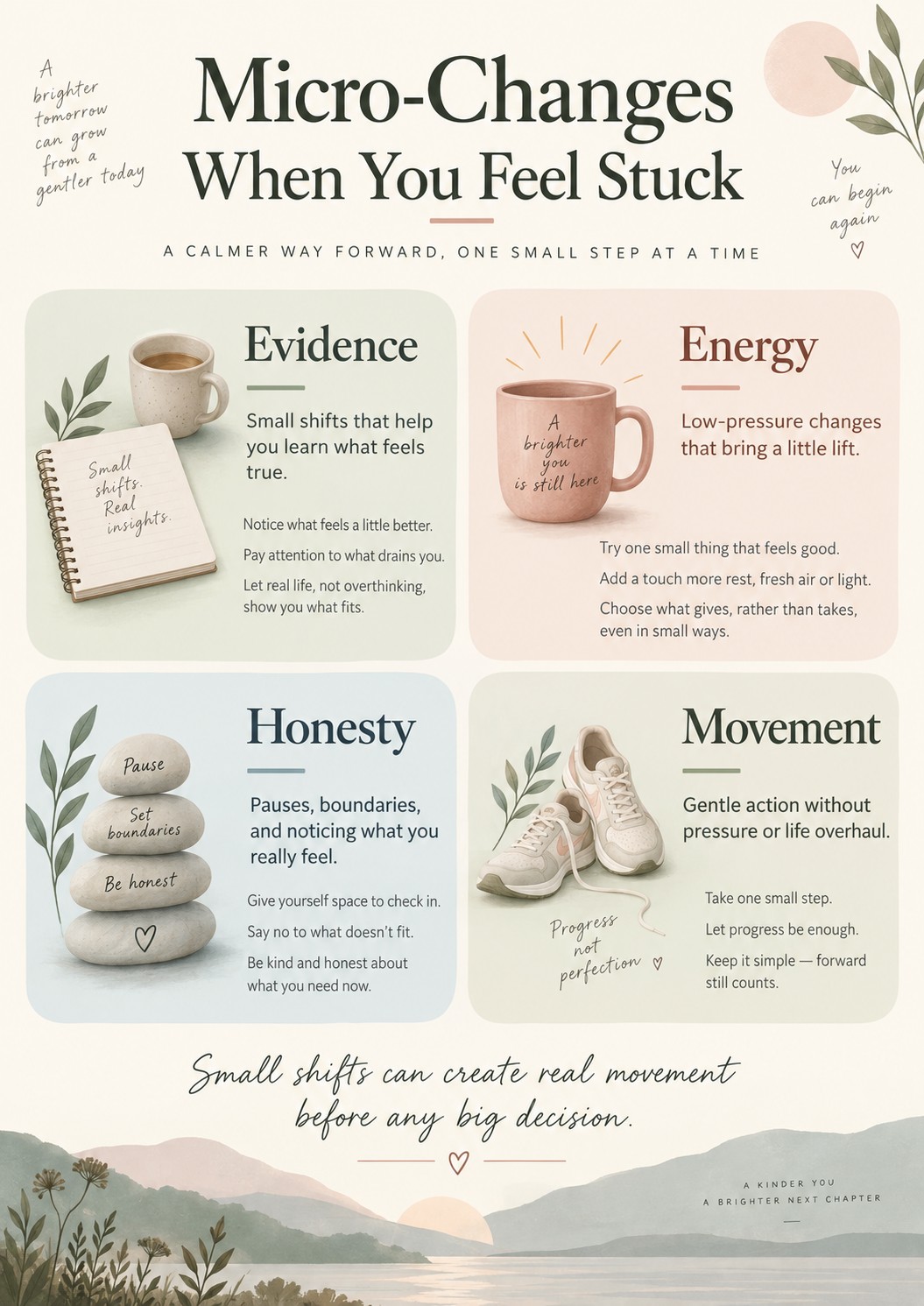 Calm graphic summarising micro-changes when feeling stuck through evidence, energy, honesty and movement