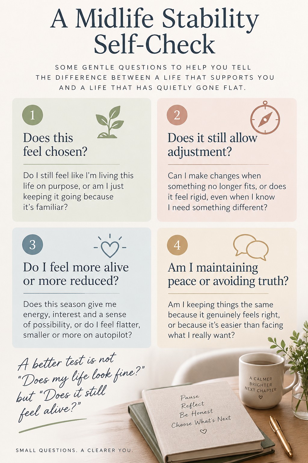 Self-check graphic with questions for telling healthy stability from quiet stagnation in midlife