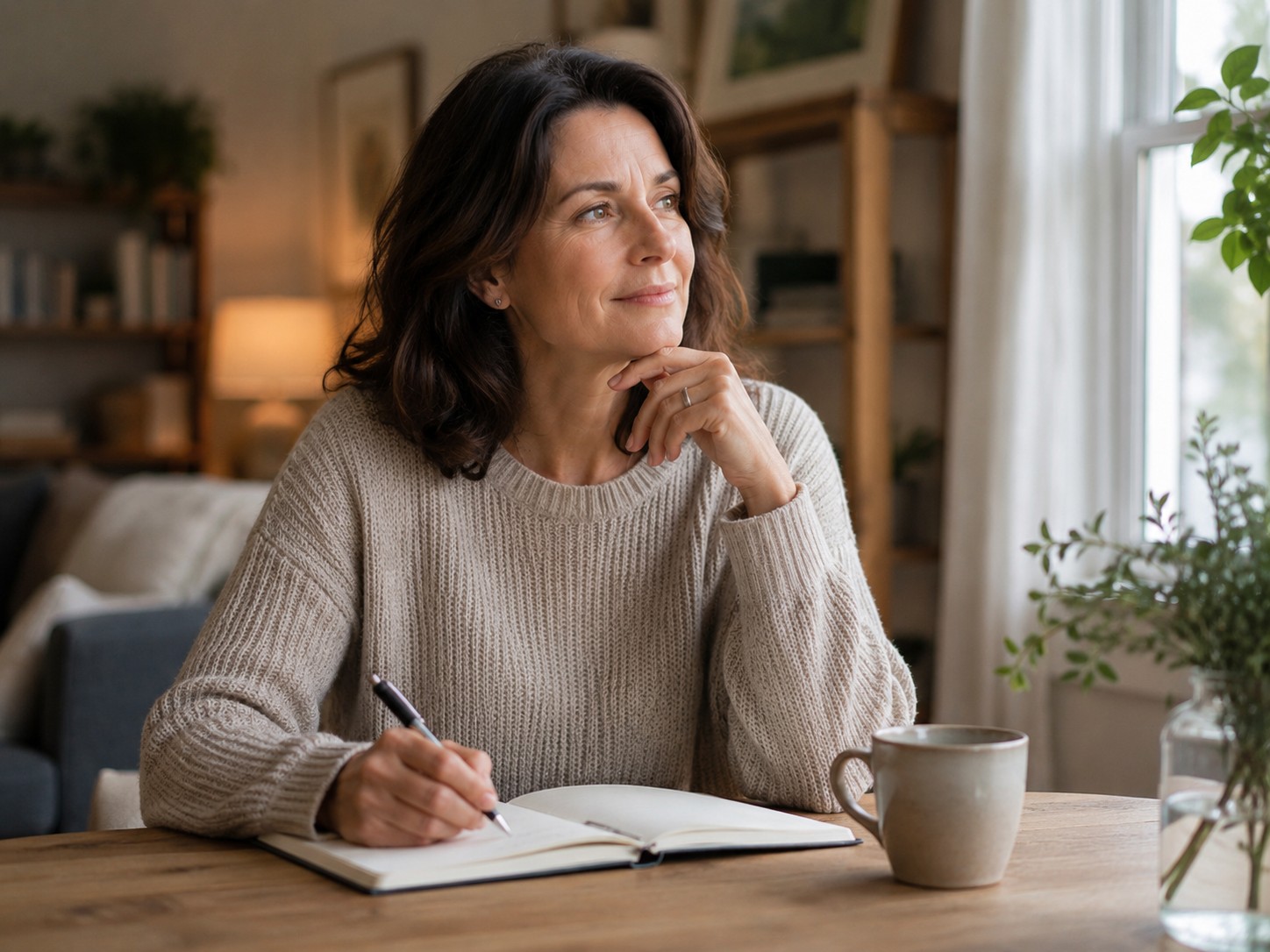 woman journaling in thought woman journaling in thought