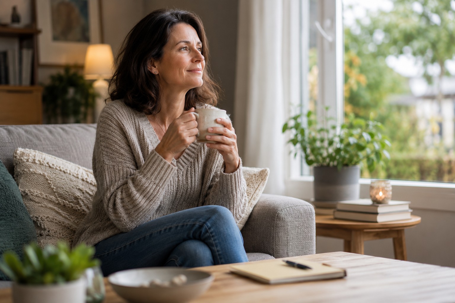 woman thinking with cup of tea woman thinking with cup of tea