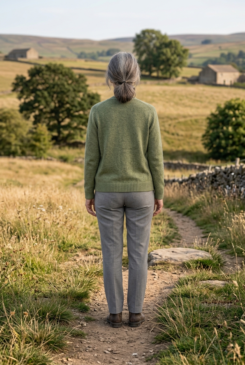 Midlife woman standing at the start of a path as she considers one gentle next step