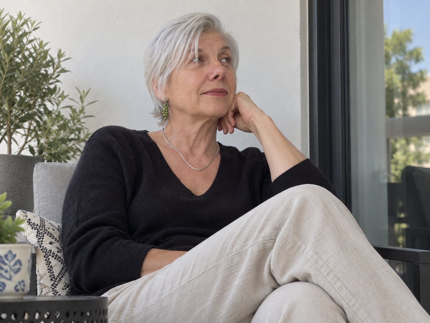 Woman pausing quietly and reflecting on what happens when life forces you to stop in midlife.