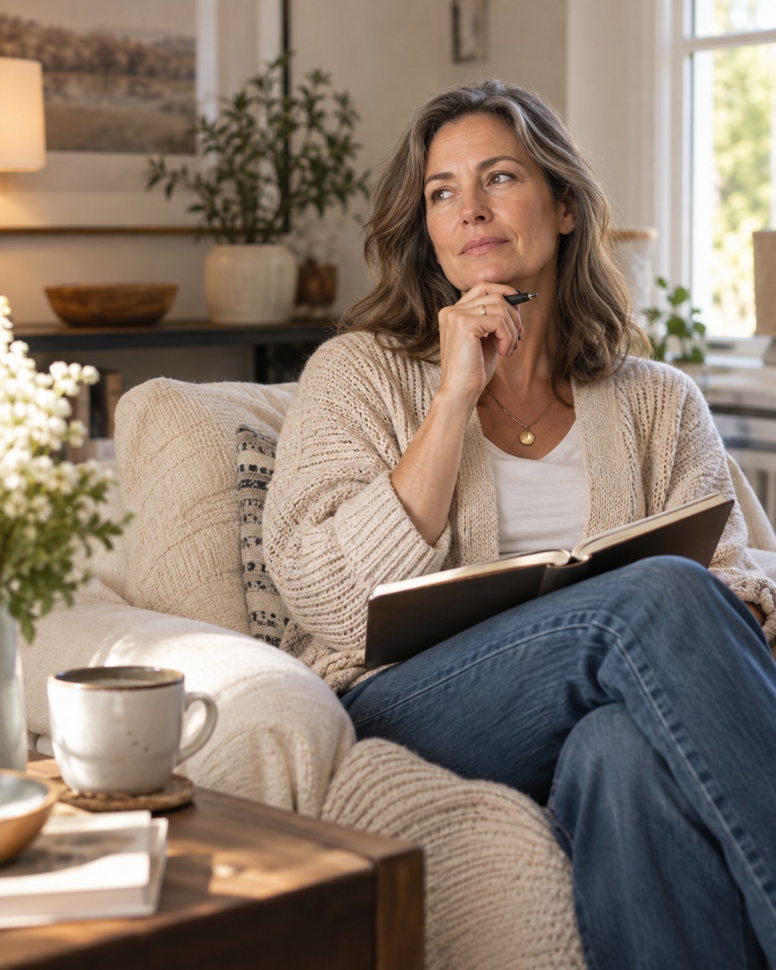 Midlife woman journaling as she reflects on good-on-paper life guilt and one honest next step