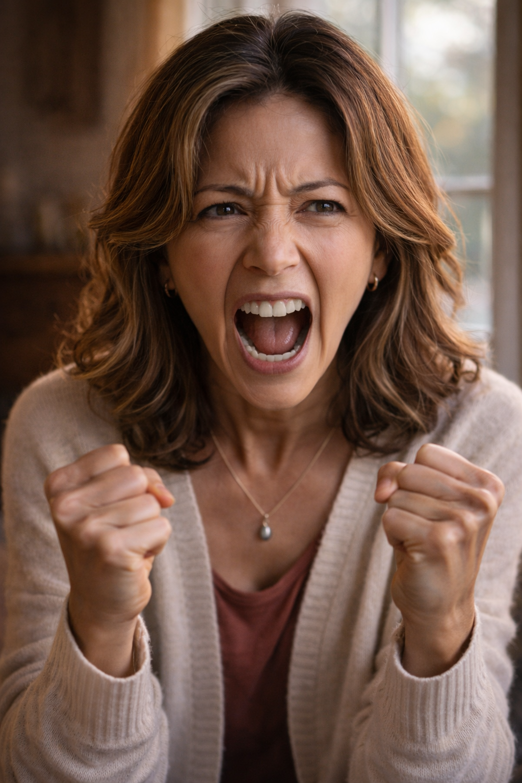 WomanTriggeredFistsUp